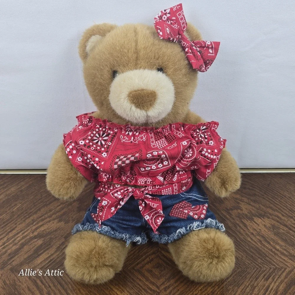 Build A Bear Girl Teddy Vintage Classic Brown Denim Western‎ Outfit Farmer Train